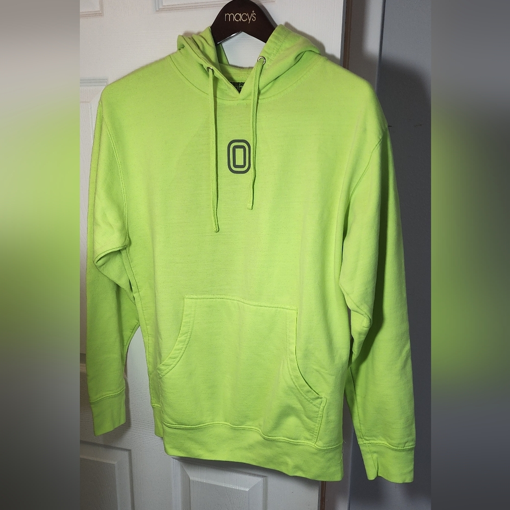 Neon Lime Bright Green Overtime Hoodie Size Medium Sweatshirt Back & Sleeve Logo
